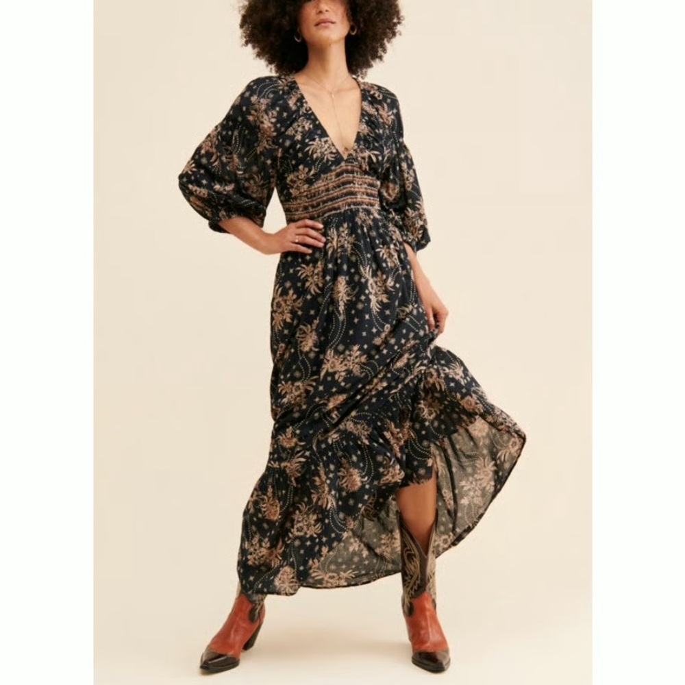 Free People Golden Hour Black Floral Maxi Dress